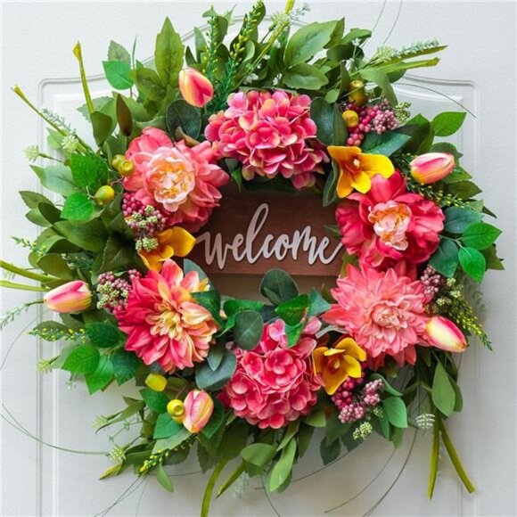 Summer Wreaths for Front Door Outside – 24 Inch Artificial Spring Floral Wreath - Picture 1 of 7